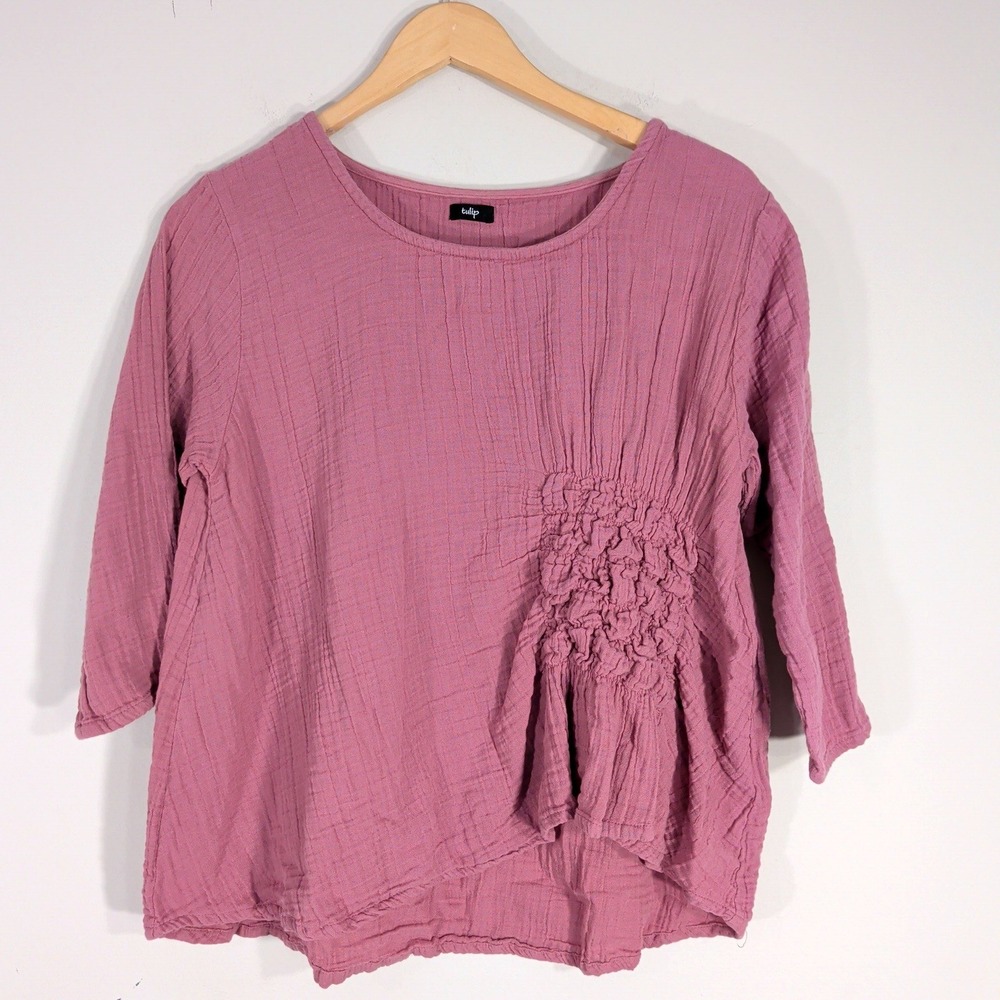 Tulip Pink Gauze Blouse; Cotton 3/4 Sleeve Ruched Asymmetric Top XS